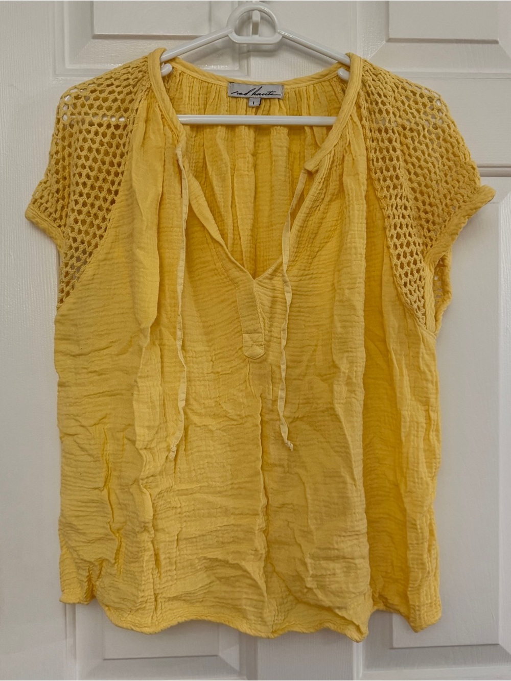 Red Haute Yellow Linen Gauze Tie-Neck Short Sleeve Blouse